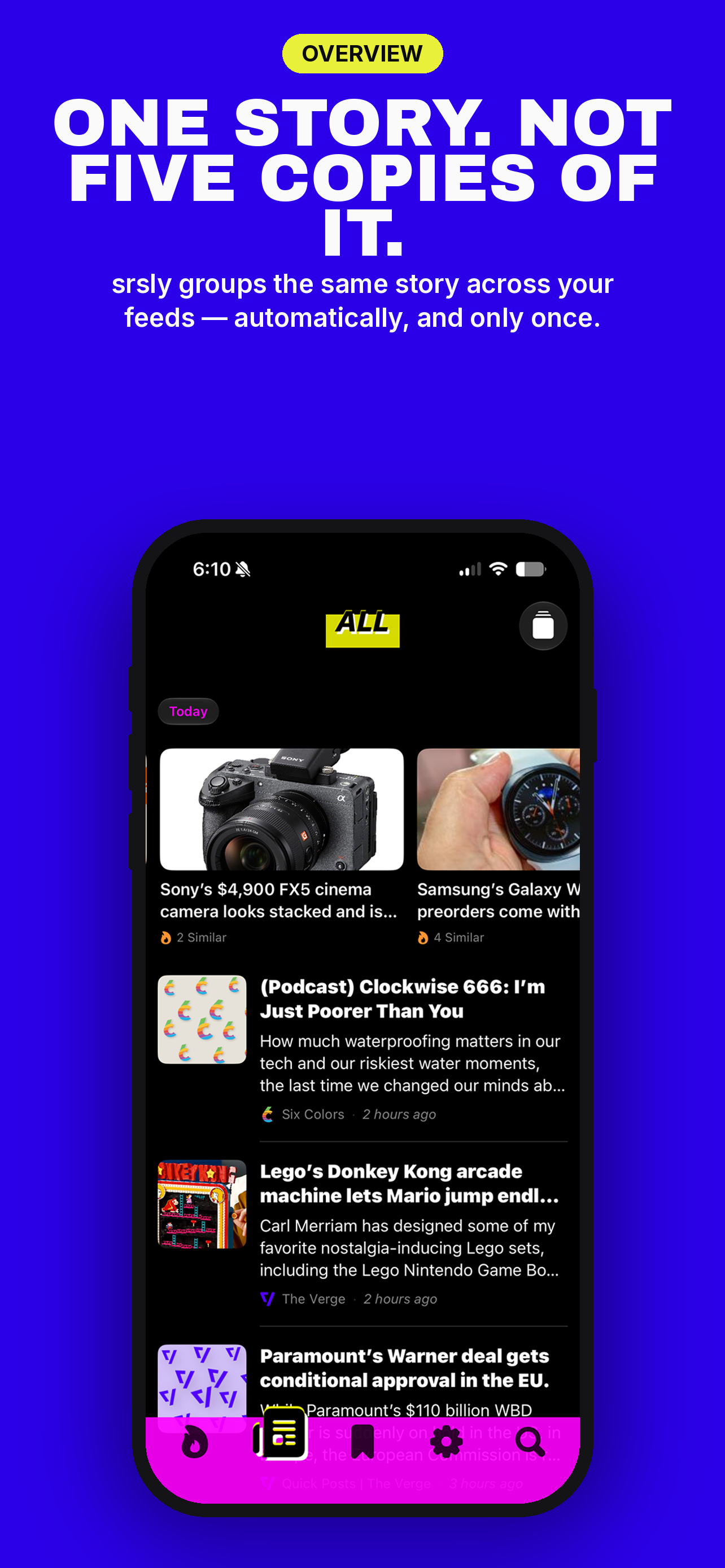 SRSLY App Store screenshot: One story, not five copies of it.