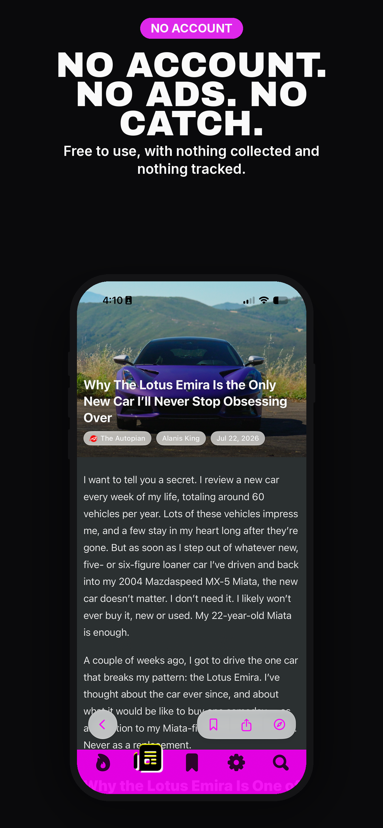 SRSLY App Store screenshot: No account, no ads, no catch.